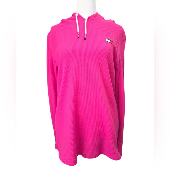 Tommy Hilfiger Sport Hot Pink Waffle Knit Hoodie XL Logo Flag Pullover Preppy - Picture 1 of 8